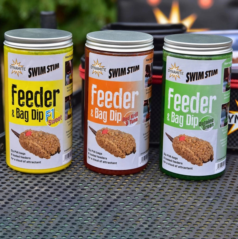 Swim Stim Feeder & Bag Dip - overzicht drie smaken