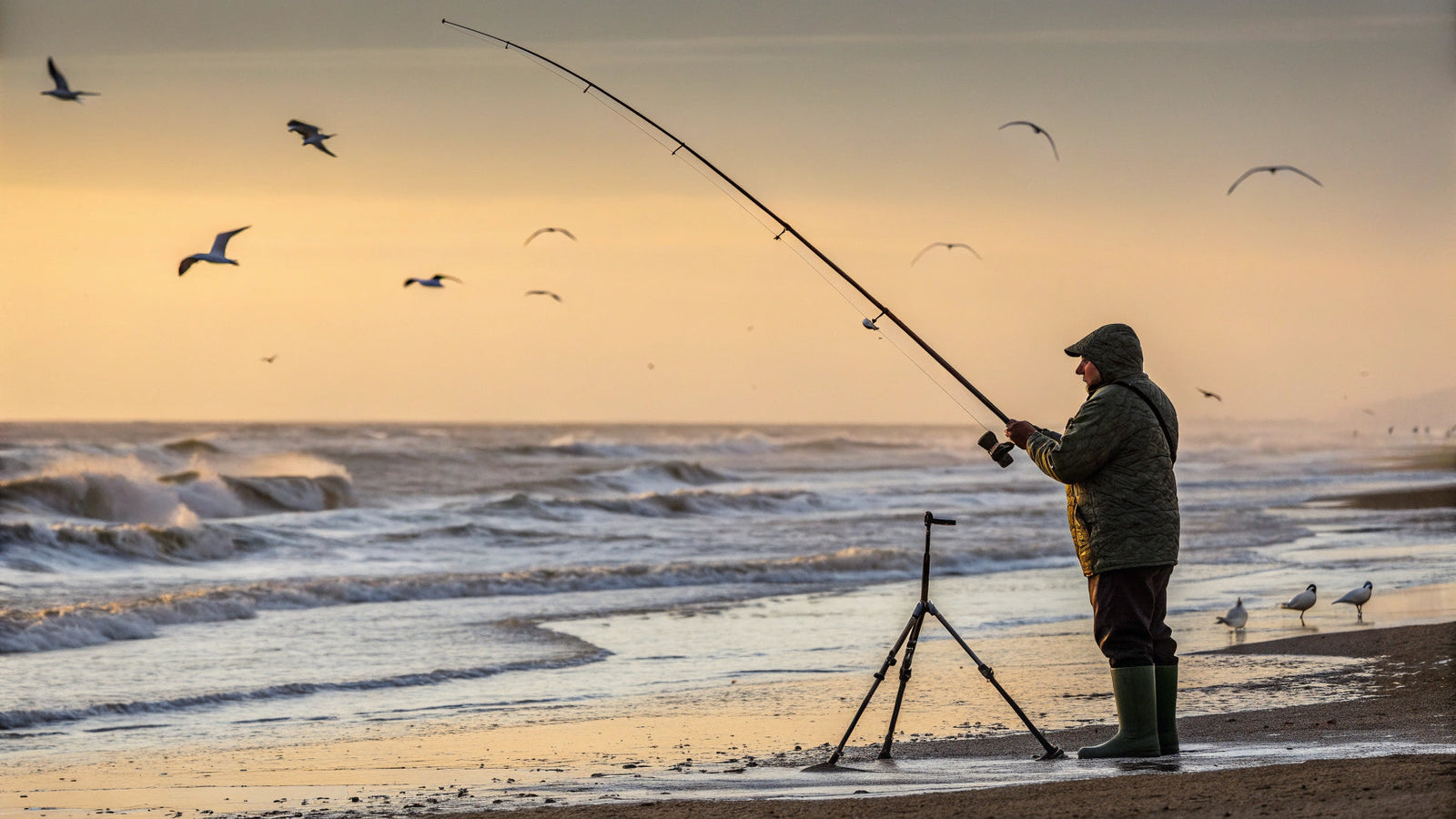 Wędkarz plażowy podczas zmieniającego się pływu
